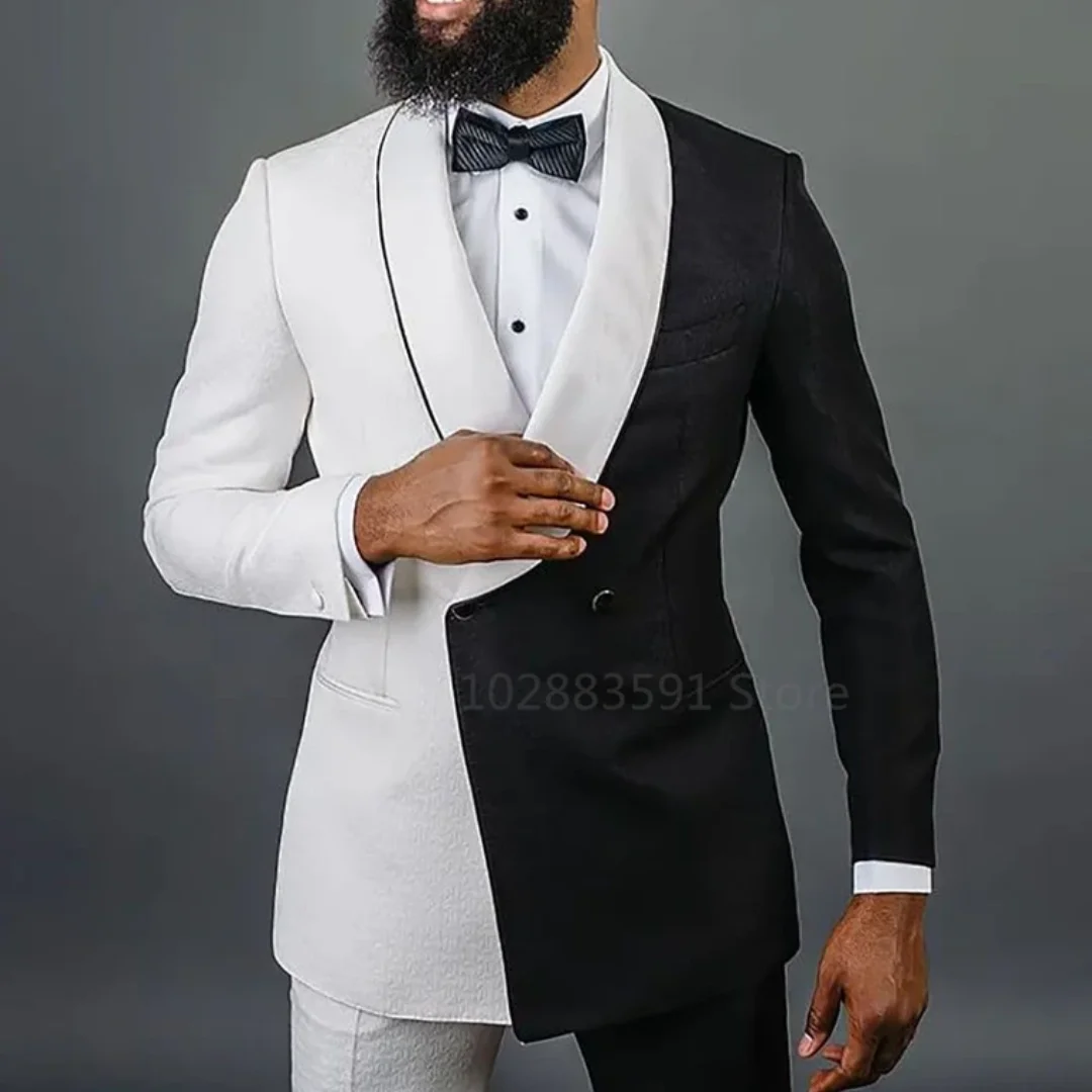 2 Pieces Newest Splicing Colors Men Suits Set  Wedding Groom Tuxedo White Black Blazer+Pants Prom Dress Coat