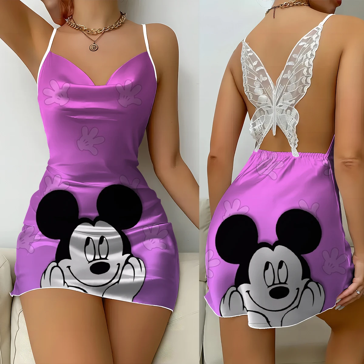 Mickey Mouse Minnie Print Satin Suspender Nightdress V Neck Backless Mini Nightdress Women's Pajama Dress