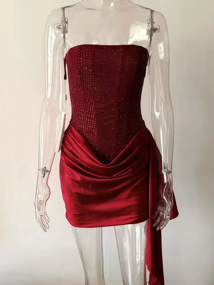 GACVGA Hot Fix Rhinestones Ruched Sexy Mini Dress for Women Gown Elegant Strapless Sleeveless Back Lace Up Club Party Dress - view 6
