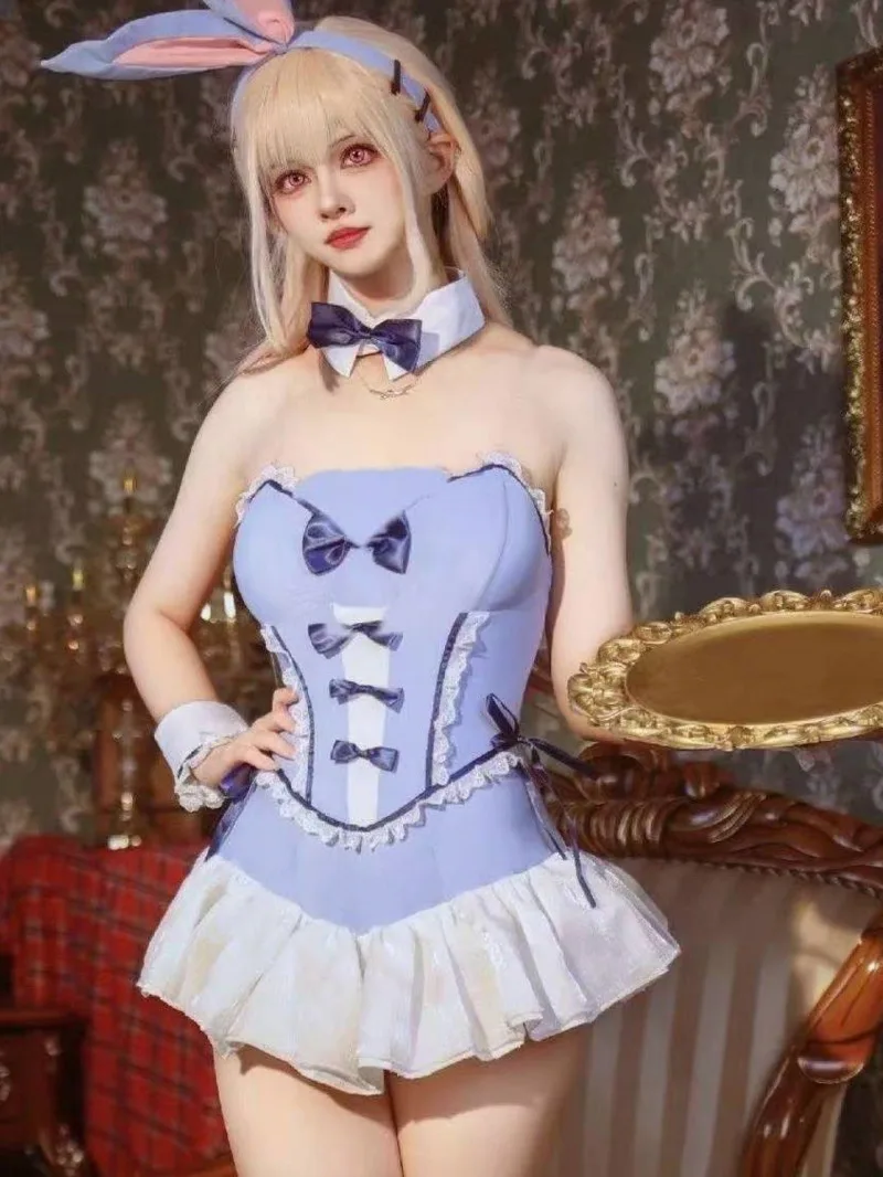 Robe de Cosplay garnie de dentelle, avec nœud papillon, épaules dénudées, dos nu, décolleté en V profond, sans manches, charmante, pur désir, boîte de nuit OTN3