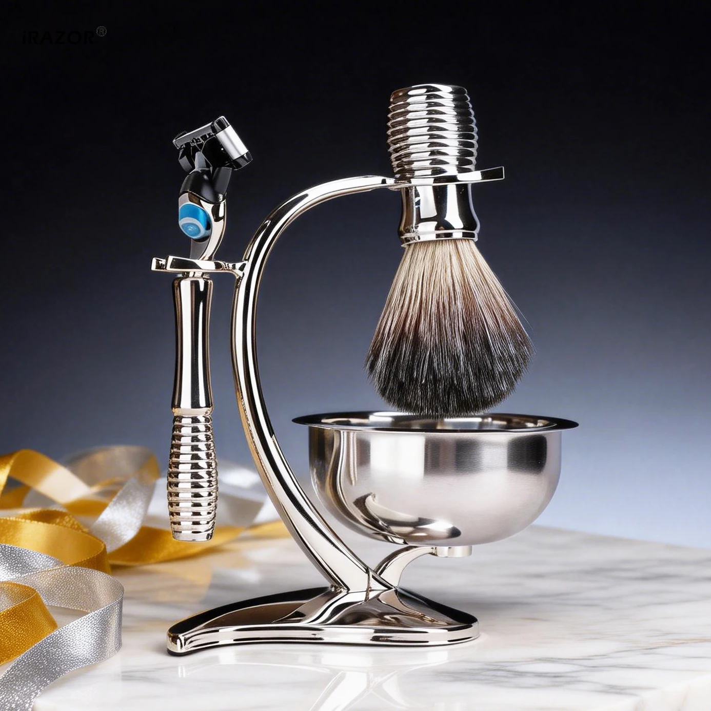 iRAZOR Premium Men's Wet Shaving Kit with 5-Blade Cartridge Razor Shaving Bowl & Stand Holder Ideal Grooming Gift Set for Men