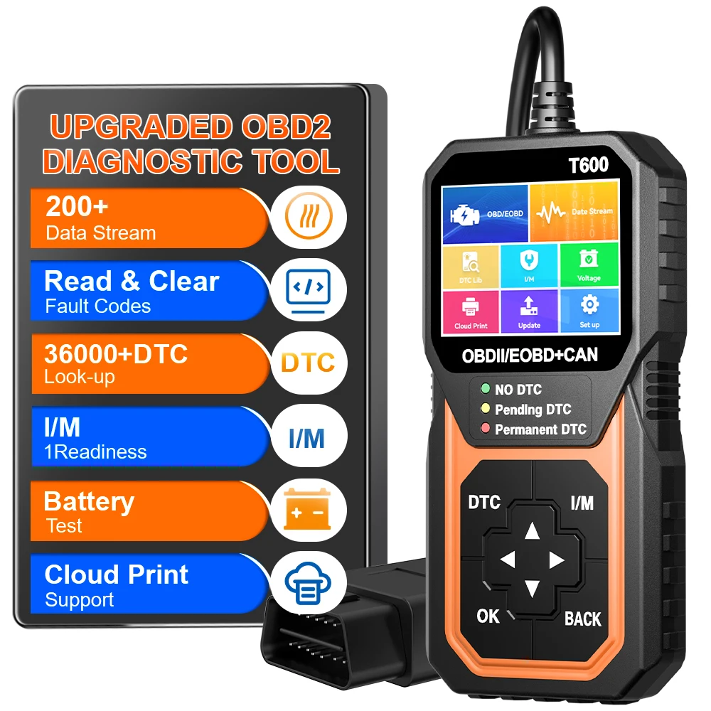 

Поддержка облачного печати, датчик кислорода, автомобильный DTC Lookup OBD2, сканер, профессиональный считыватель кодов T600, автомобильный диагностический инструмент