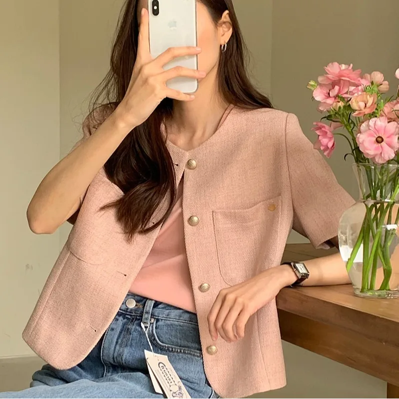 

Женская корейская верхняя одежда с круглым вырезом и одной пуговицей, в стиле ретро, свободного кроя, для повседневной носки, короткий рукав, Дондэмун