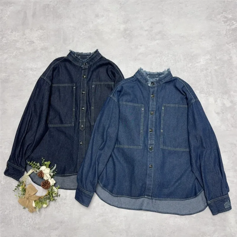 

Johnature Japanese Denim Pocket Shirt Jacket Spring 2025 New Casual Versatile Irregular Women Raw Tops