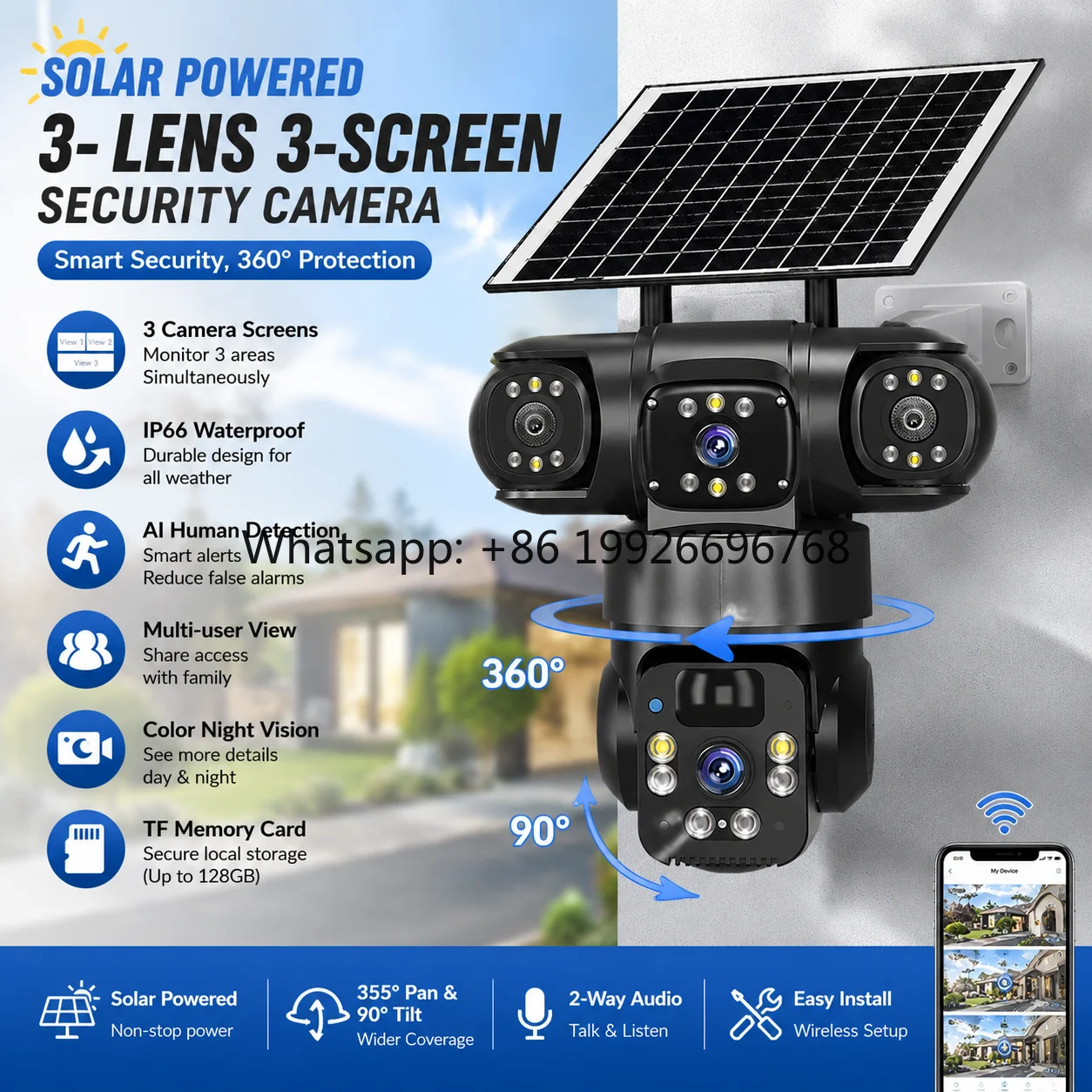 3 Lens 4G 6K Wireless Solar Powered IP PTZ Surveil Camera V380 Pro 12MP Outdoor Security 4G Sim Card CCTV Solar Camera