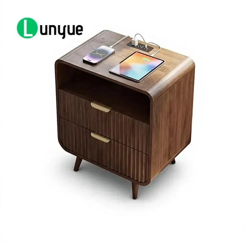 Smart Bedside Table with Power Socket 2 Drawers Beech Veneer Side Table Nightstand for Bedroom Modern Storage Furniture