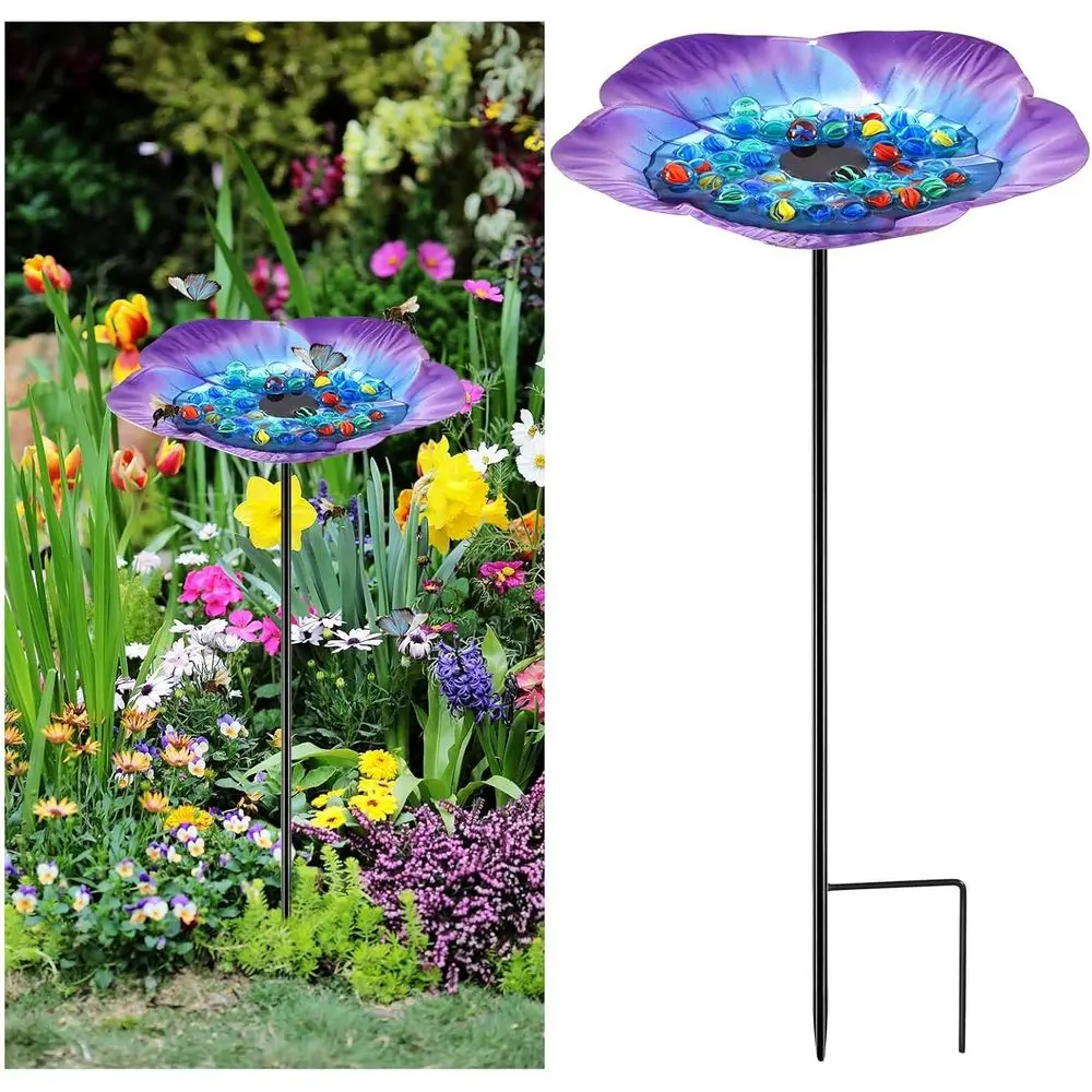 

Lower Watering Station Metal Water Eeder Cup with 30 Colorful Glass Marbles Eeder Bath Bowl or Garden Outdoor Yard Dec (Blue, Fl