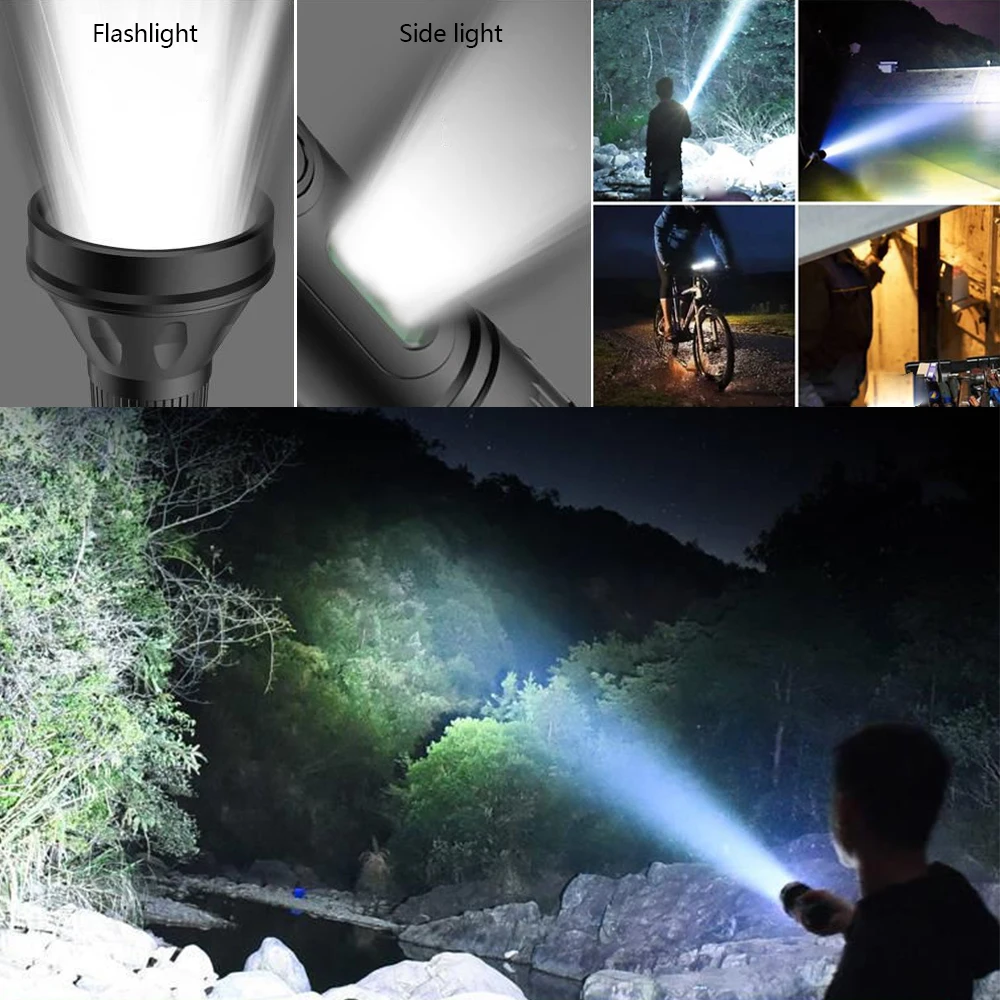 Solar Charging LED Falshlight Camping Light Waterproof Torch USB Rechargeable Flashlights Emergency Flashlight with Battery