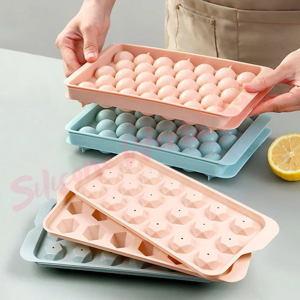 Silicone World DIY Round Diamond Shaped Ice Cube Molds Ice Hockey Mold With Lid Plastic Ice Making Box Ice Tray Kitchen Tools