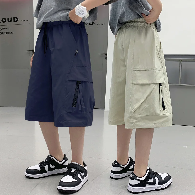 Kids Luxury Clothing Summer Cargo Shorts for Child Boys Fashion Casual Cotton Capris Pants with Pocket Navy Khaki Color Age 5-14