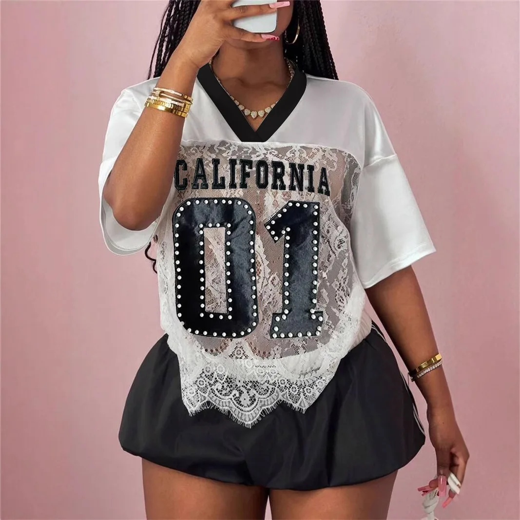 

New Summer Womens Fashion for Europe and America Cross Border Trade Printed Loose Casual Street Sheer Sexy Lace Patchwork Top