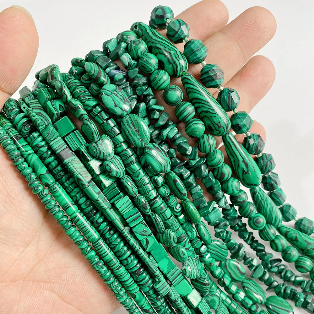 Green Malachite Stone Beads Faceted Round Cube Rondelle Malachite Loose Cylinder Beads For Jewelry Making Bracelet DIY Necklace