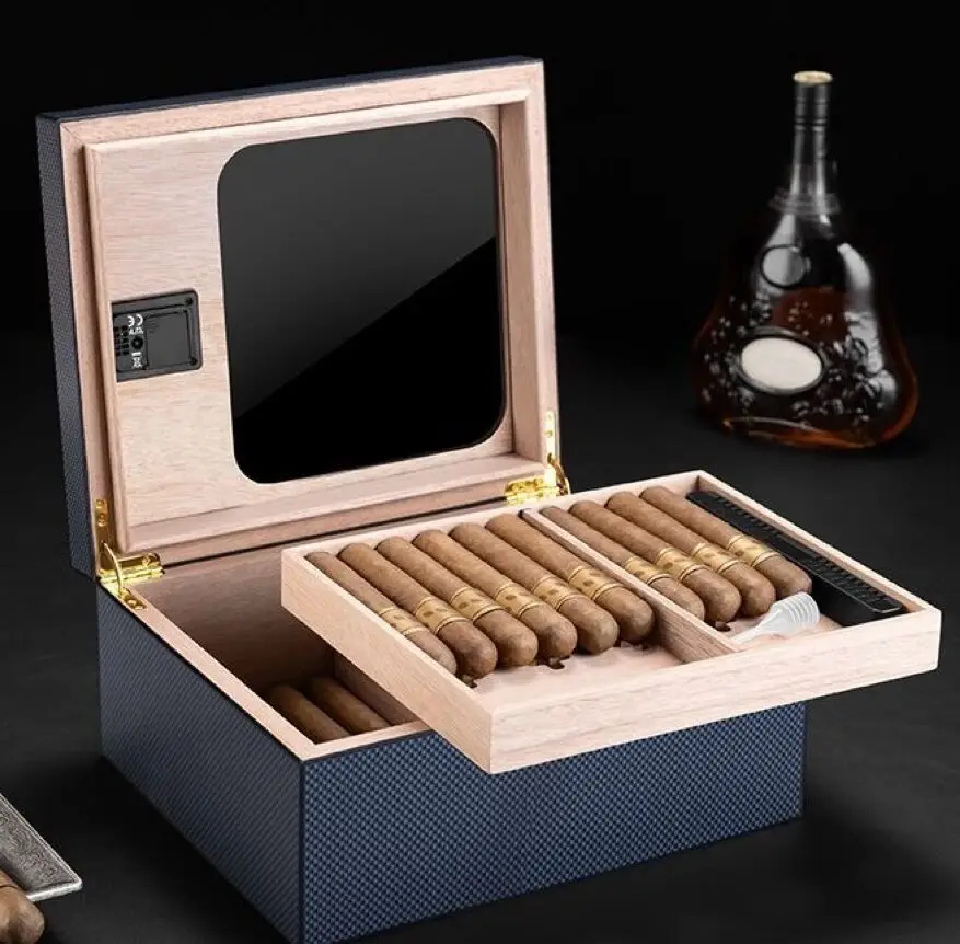 

Natural Cedar Wood Double-Layer Moisturizing Cigar Box, Large-Capacity Windowed Cigar Box.