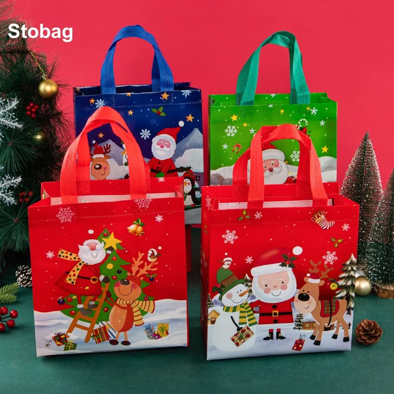 StoBag 12pcs Merry Christmas Non-woven Tote Bags Gift Candy Package Waterproof Fabric Cloth Storage Reusable Pouch Party Favors