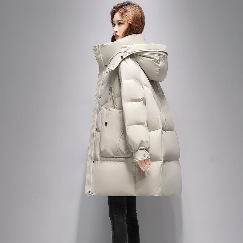 Puffer Coats with Large Pockets for Women, Mid-length Down Jackets, Thick and Warm, Windproof, Korean, Simple, Snow, Winter, New