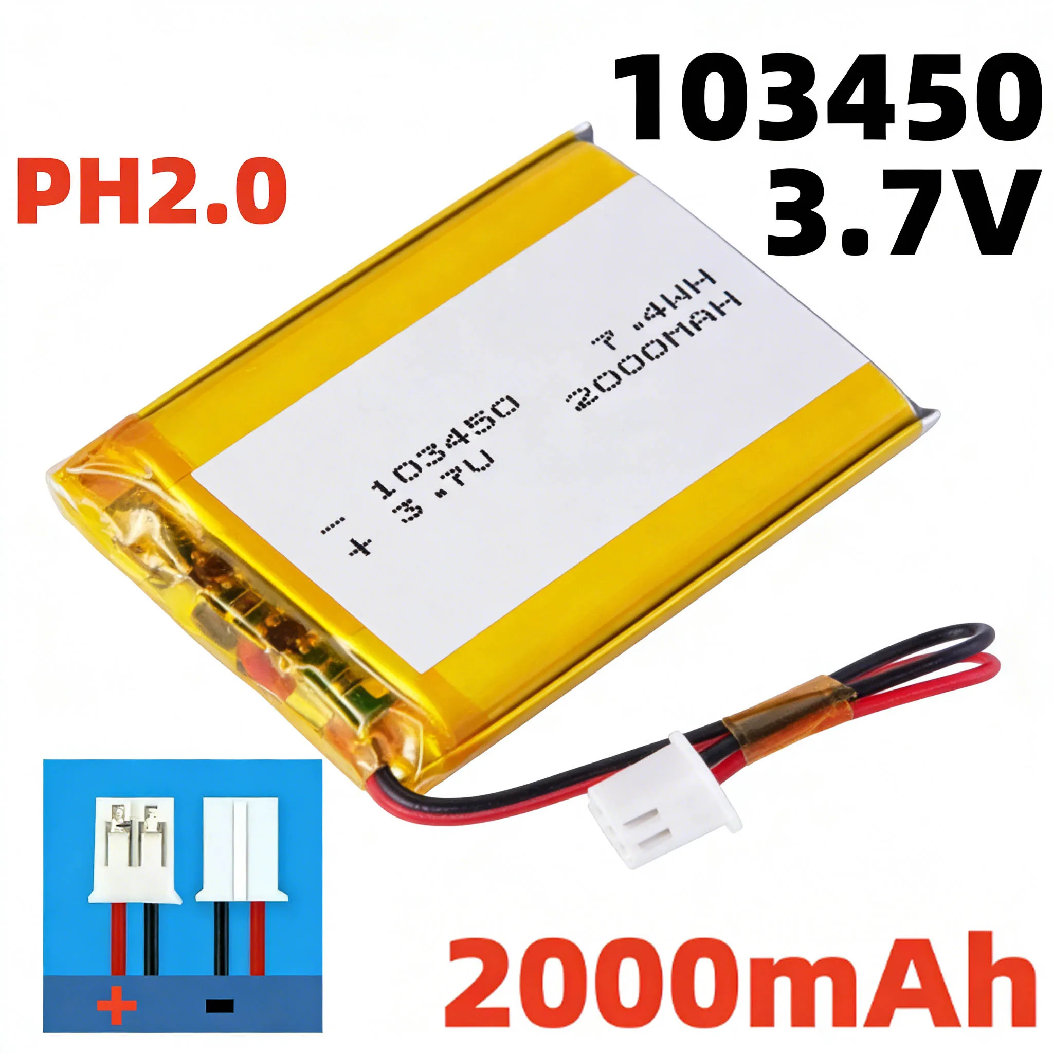 ★ 103450 3,7 V 2000 mAh wiederaufladbarer Polymer-Lithium-Akku mit JST PH 2,0 mm 2-poligem Stecker für Kamera, GPS-Navigator, MP5, Bluetooth-Headset