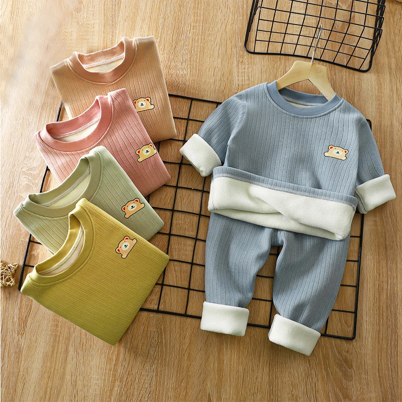 

Children's Warm Suit and Velvet Padded Baby Underwear In Children's Autumn Clothes and Trousers Children's Suit