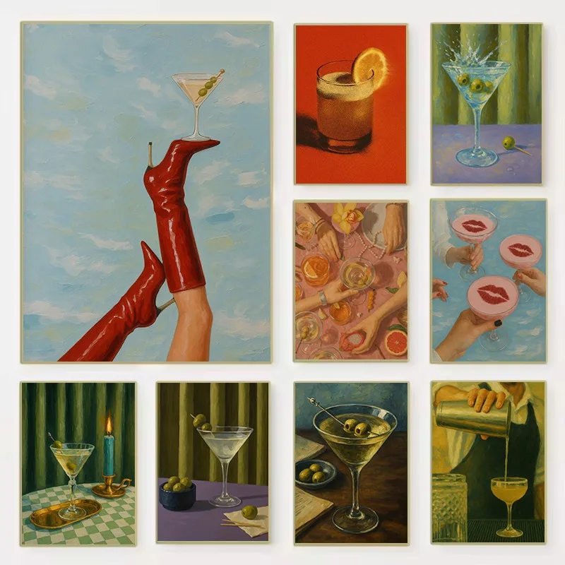 1PC frameless decorative art print,Retro High Heels and Cocktail Martini Alcohol Card Game Aesthetics Poster Canvas Painting Wal