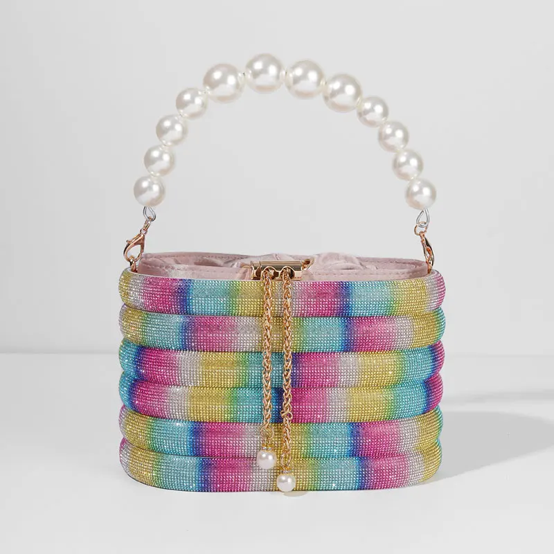 Pearl Portable Basket Crossbody Bag Clutch Bucket Handbag Rhinestones Birdcage Metal Rainbow Color Matching Banquet Tote Bags