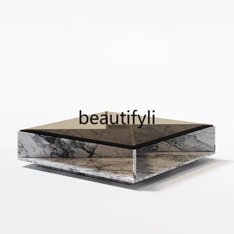 

Square Natural Marble Coffee Table Square Tempered Glass Home Floating Italian Minimalist Light Luxury