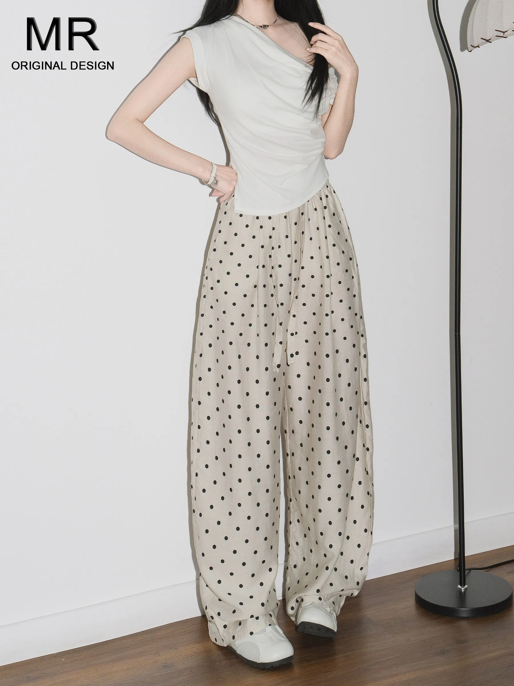 

Khaki Color Linen Polka Dot Casual Pants Women's New 2026 Summer Thin Lazy Style Loose Wide Leg Long Trousers