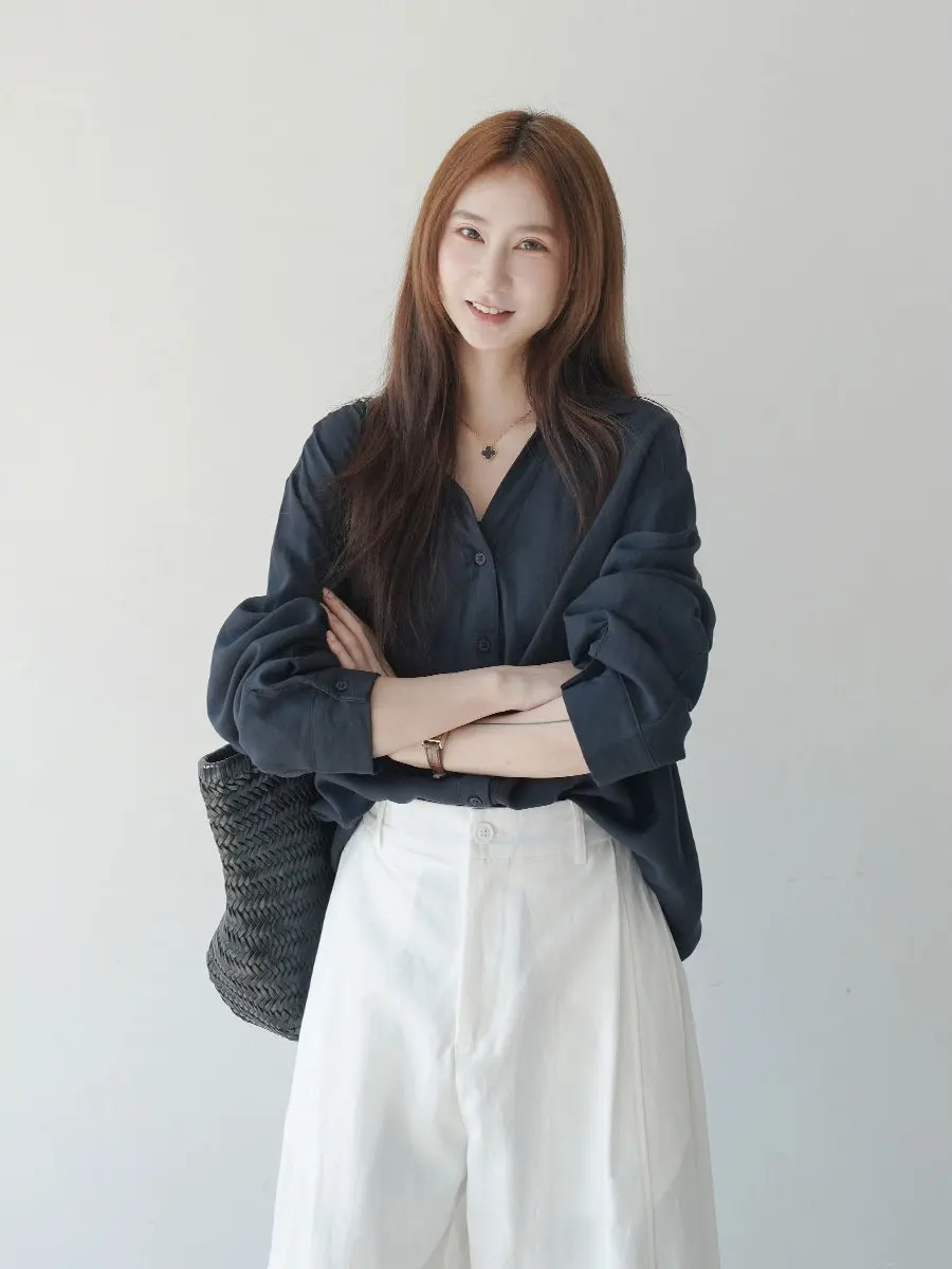 

Spring Early Loose Long Sve irt Women's Sle Slimming Button up Collar Retro Commuter Faion Casual Ele Top