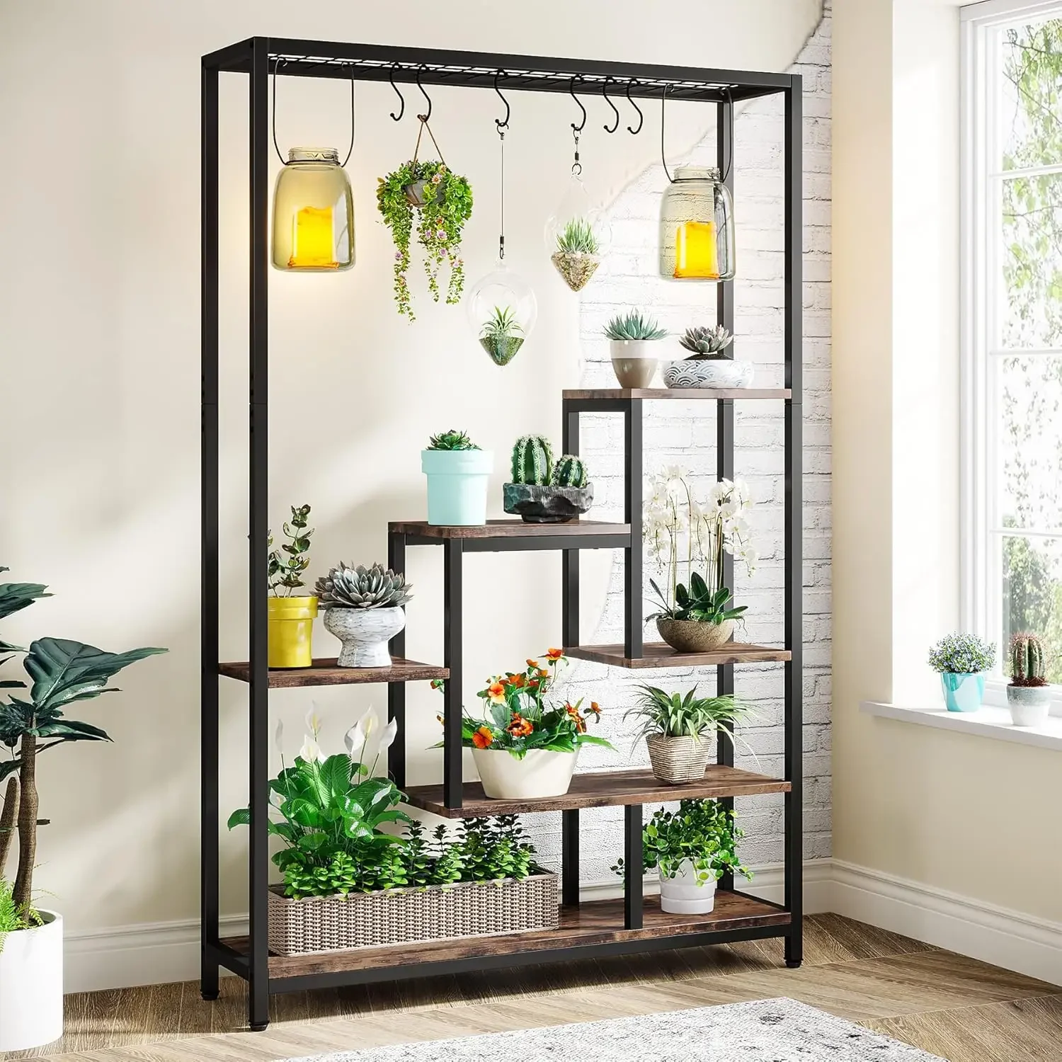 5-Tier Tall Indoor Plant Stand, 70.9 inches Large Metal Plant Shelf with S Hanging Hooks, Multi-Purpose Flower