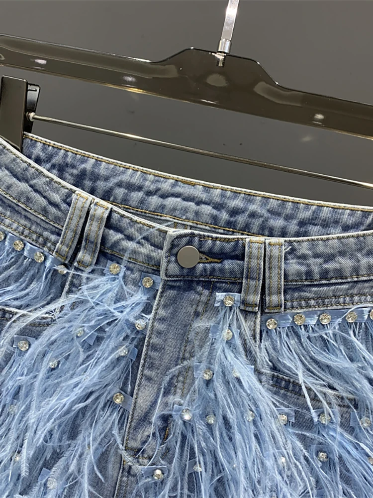 Imagem -03 - Deat-blue Feathers Shorts Jeans Femininos Borla Longa de Cristal Cintura Alta Calças Curtas de Pernas Largas Moda Nova Outono 29l1573 2023