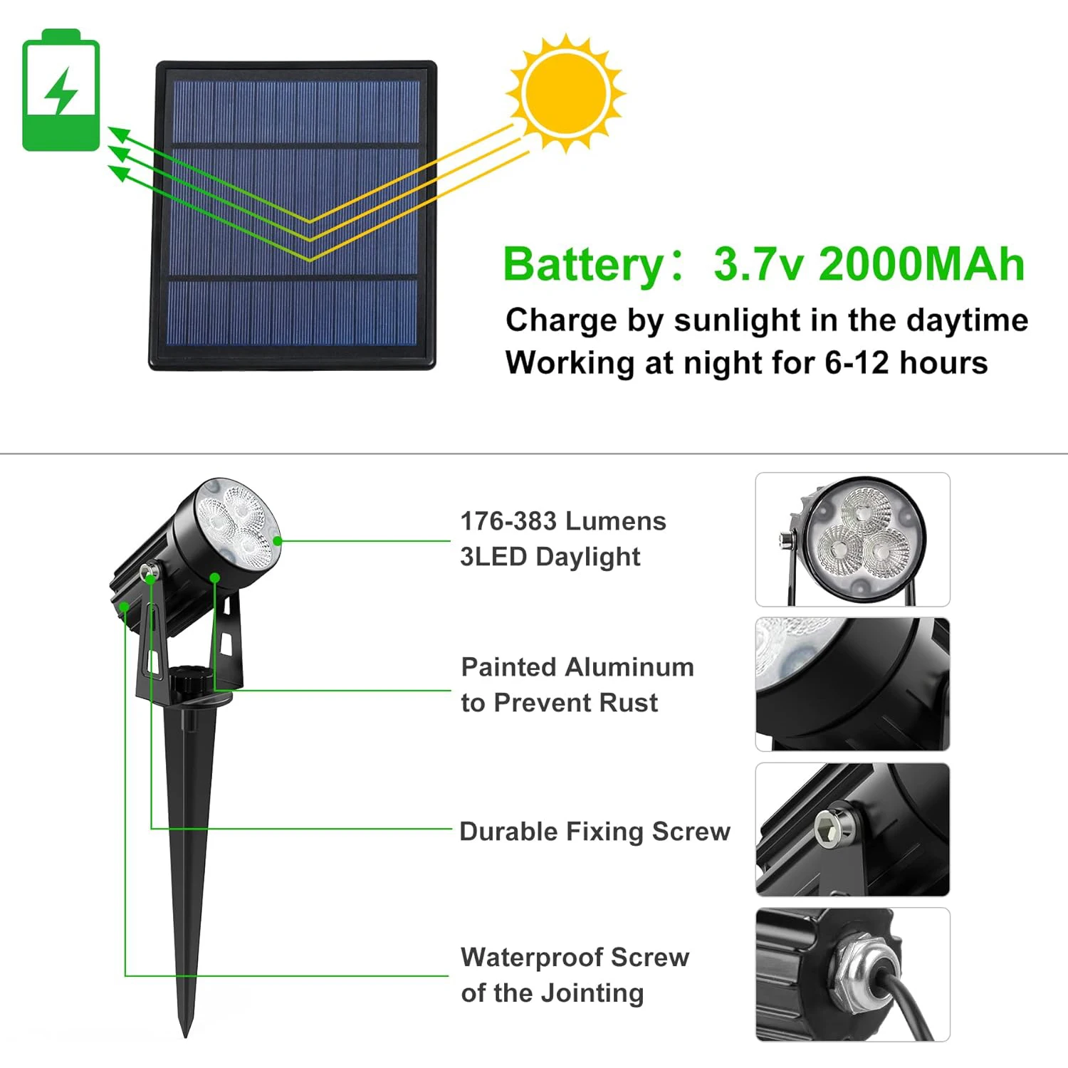 Solar LED Outdoor Light IP65 Spotlight Aluminum Anti Rust Solar Lamp Landscape Yard Garden Tree Separately Lamp Wall Light