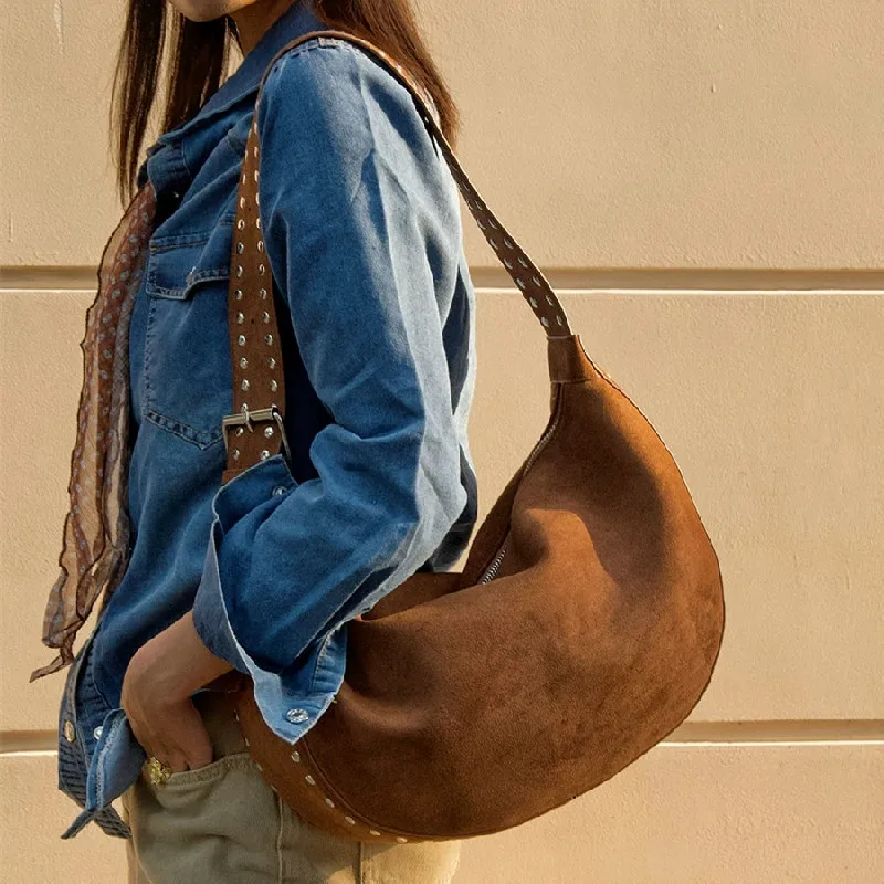 

Модная замшевая женская сумка с заклепками, роскошная сумка через плечо в форме полумесяца, дизайнерские сумки-тоут для женщин, сумки 5, сумки подмышками, новый клатч