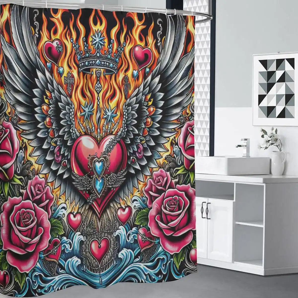 Vibrant Gothic Fantasy Angel Wings Heart Flame Shower Curtain Bathroom Decor Tapestry