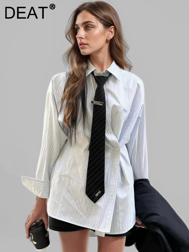 DEAT Fashion Women\'s Stripe Shirt Lapel Single Breasted Waist Retraction Pockets Irregular Slim Blouse Autumn 2024 New 7AB4519