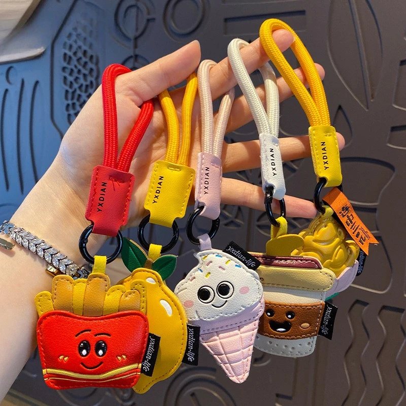 

Cute Creative Cartoon Leather Fries Ice Cream Keychain Bag Charm Adorable Food Design Gifts for Women Girls Fashion Accessory