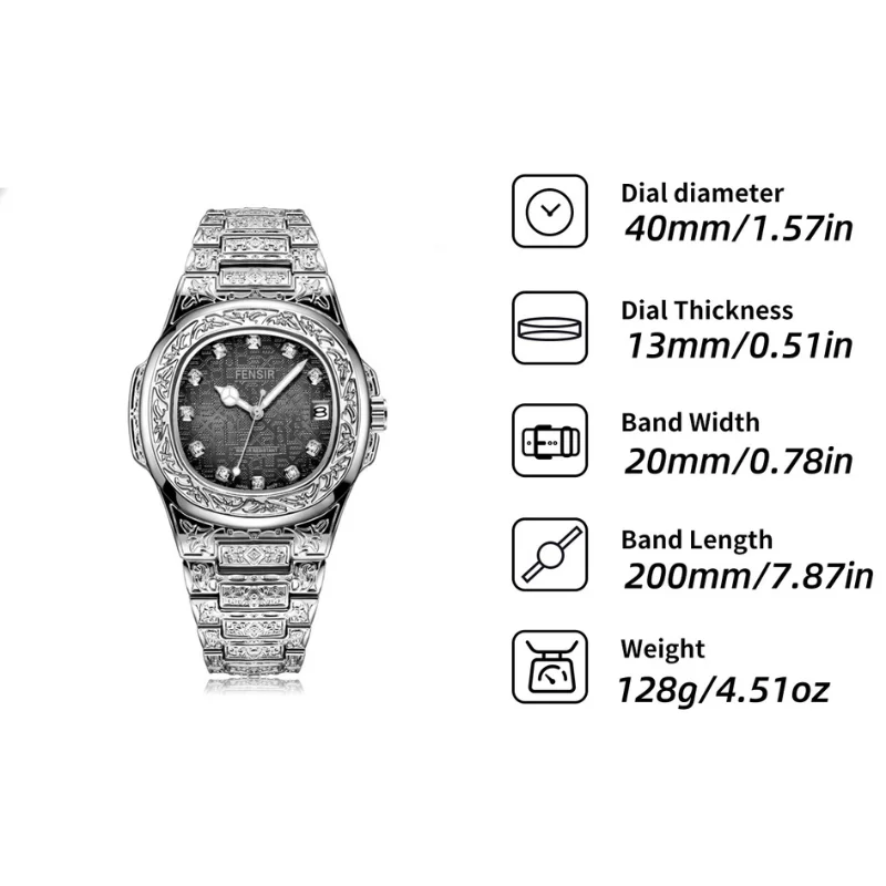 

Quartz Watch with Full Body Carved Texture, 41mm Diameter Dial, 11mm Thickness, Steel Carved Bracelet
