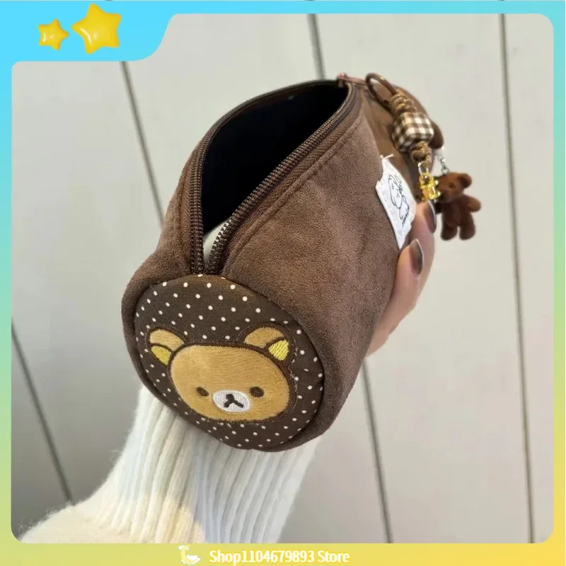 Estuche cilíndrico Rilakkuma bordado japonés Kawaii, caja de papelería de gran capacidad, bolsa de almacenamiento de papelería para estudiantes