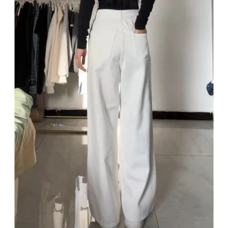 Calça jeans feminina vintage calças retas outono primavera moda feminina branco preto calças de perna larga jeans casuais