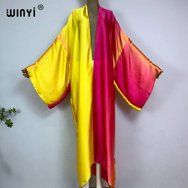 WINYI-Mulheres Boho Gradiente Impressão Quimono, Cardigã, Maxi Roupa de Praia, Solto Vestido Longo, Cobrir Swimwear, Kaftan