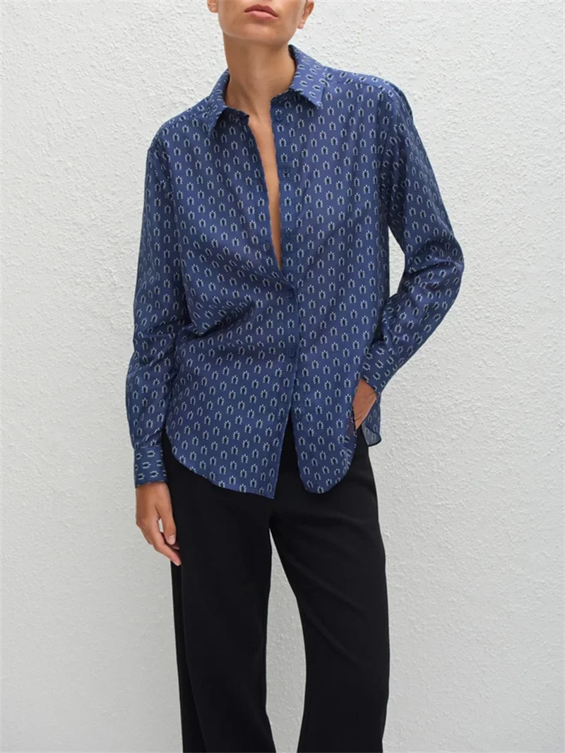 Women Floral Print Silk Cotton Shirt Single Breasted Ladies Long Sleeve Elegant Blouse and Top