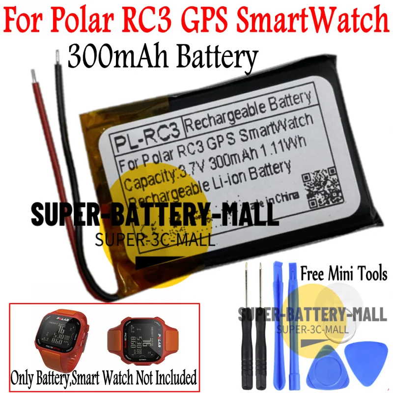 Batería de repuesto de 300mAh 1.11Wh para batería polar de reloj inteligente GPS Polar RC3