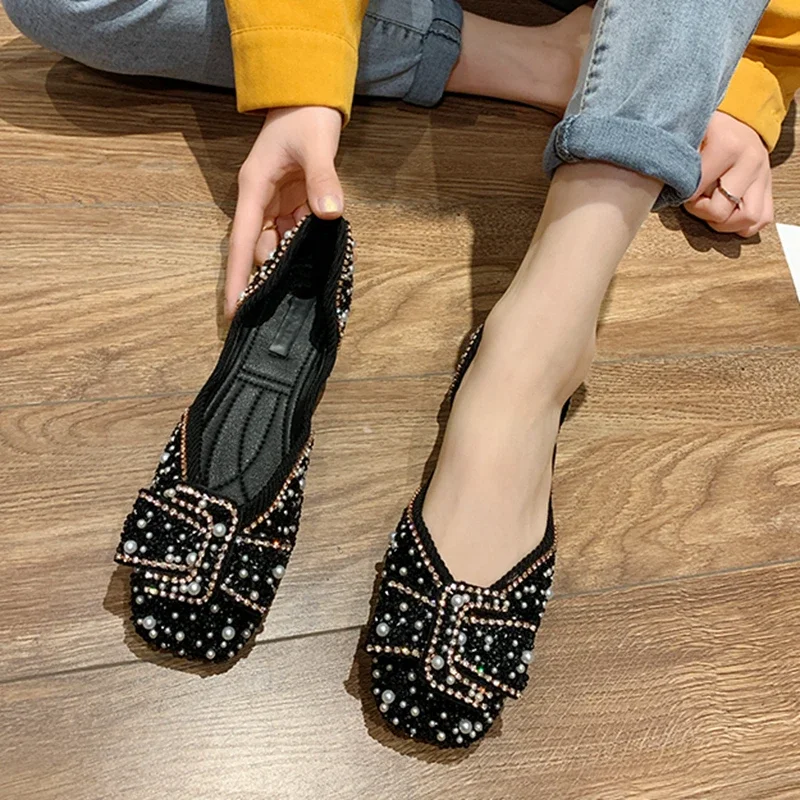 Women's Shoes Single Shoes Spring Summer Net Red Square Head Flat Soft Soled Grandma Shoes 41 Pearl Rhinestone Bean Shoes