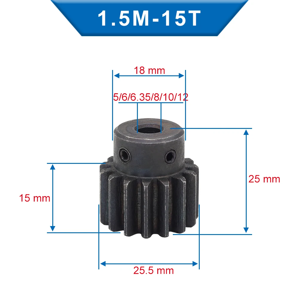 1 Piece 1.5M15T Spur Gear Bore 5/6/6.35/8/10/12 mm pinion gear Low Carbon Steel Material High Quality gear wheel for motor