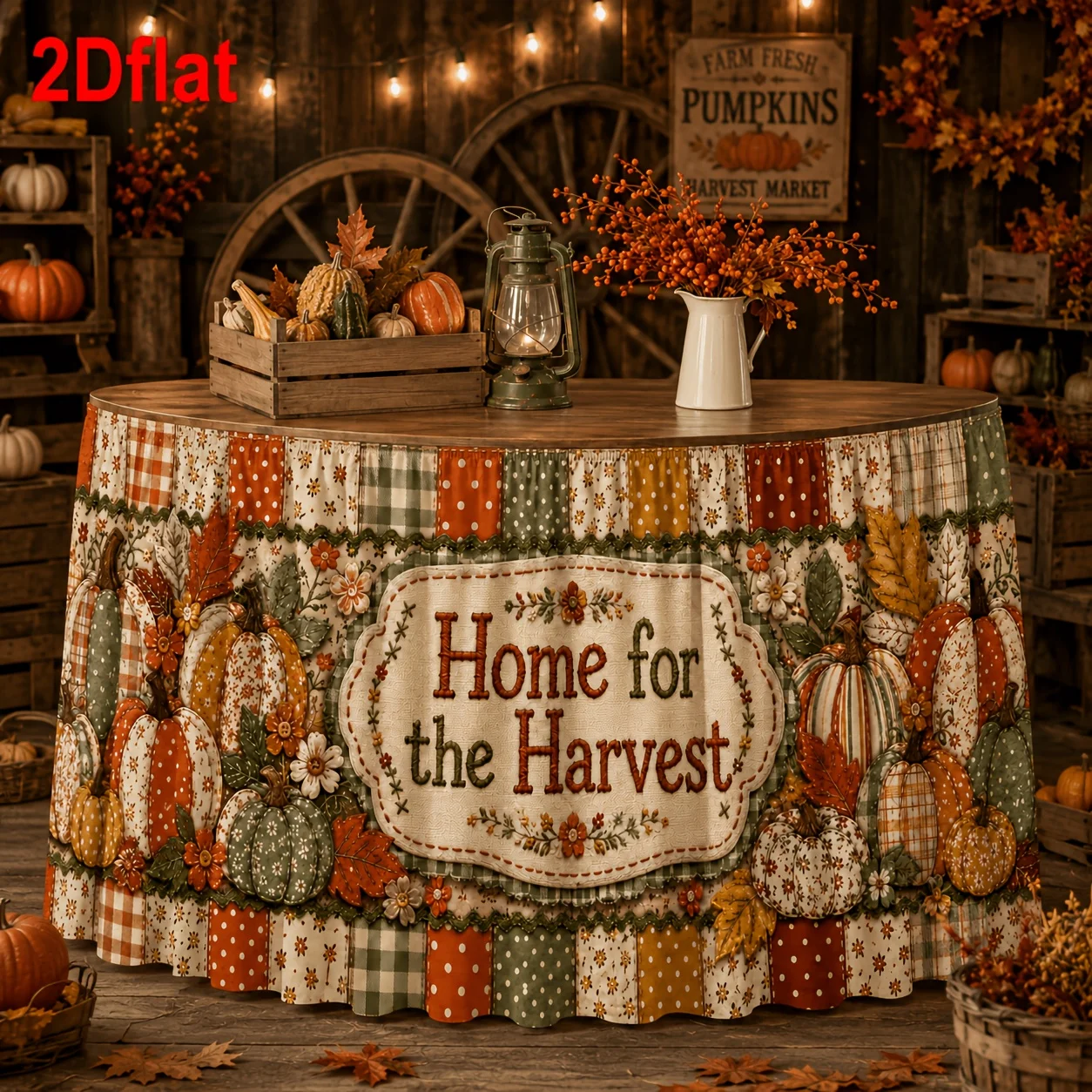 One table skirt home decoration, autumn harvest checkered pumpkin, floral maple leaf, retro style