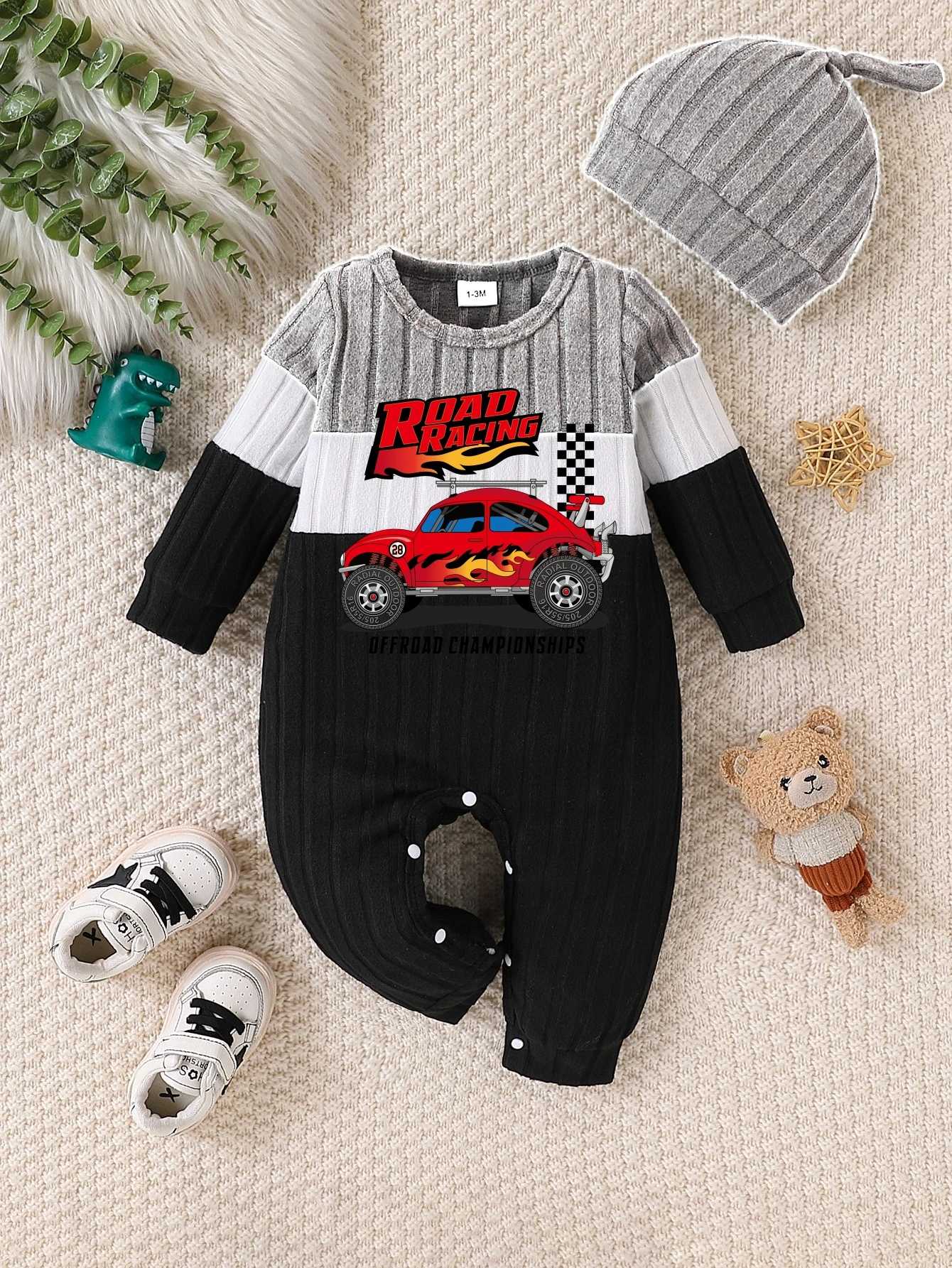 2-teiliger gerippter Neugeborenen-Strampler mit Mütze, Cartoon-Print, Farbblock-Design, Langarm-Baby-Jumpsuit-Set für Jungen von 0-18 Monaten – Detail 11
