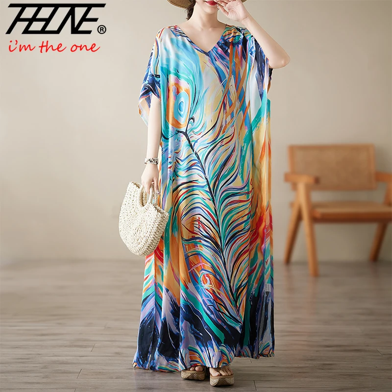THHONE Plus Size Kleid Damen Sommer Bohemian Beach Style Vintage Urlaub Lose V-Ausschnitt Lässige Damenkleidung Lang Neu in Kleidern