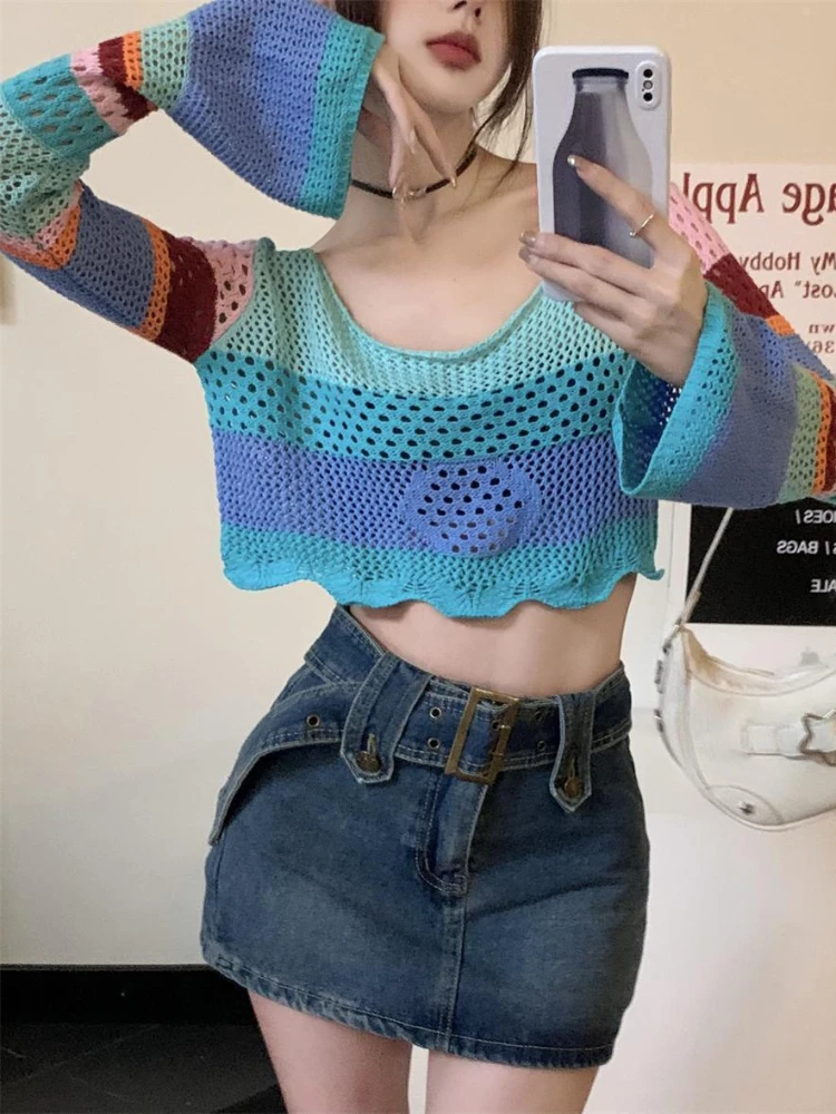 Y2k Striped Pullovers Cropped Ulzzang Girlish Preppy Sweet Hollow Out Chic Vintage Dopamine Style Flare Sleeve Panelled Designed