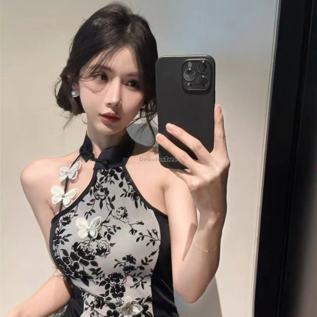 2026 chinese style strappy fashion tank top jacquard embroidery retro butterfly elemeny backless with breast pad cheongsam vest