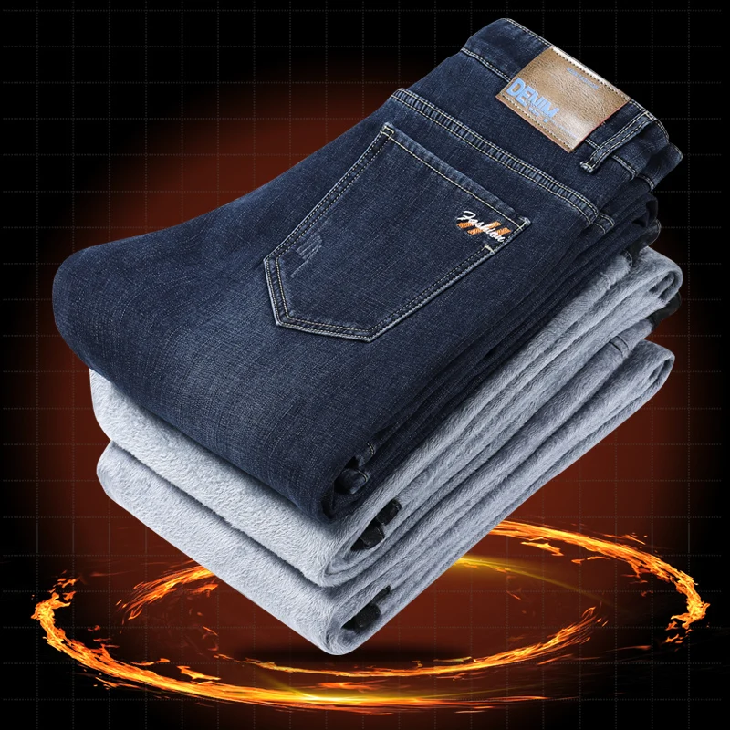 2025 Winter Jeans For Men Thicken Warmer Jeans Fleece Male Denim Pants Slim Straight Stretch Mens Desinger Clothing Trousers