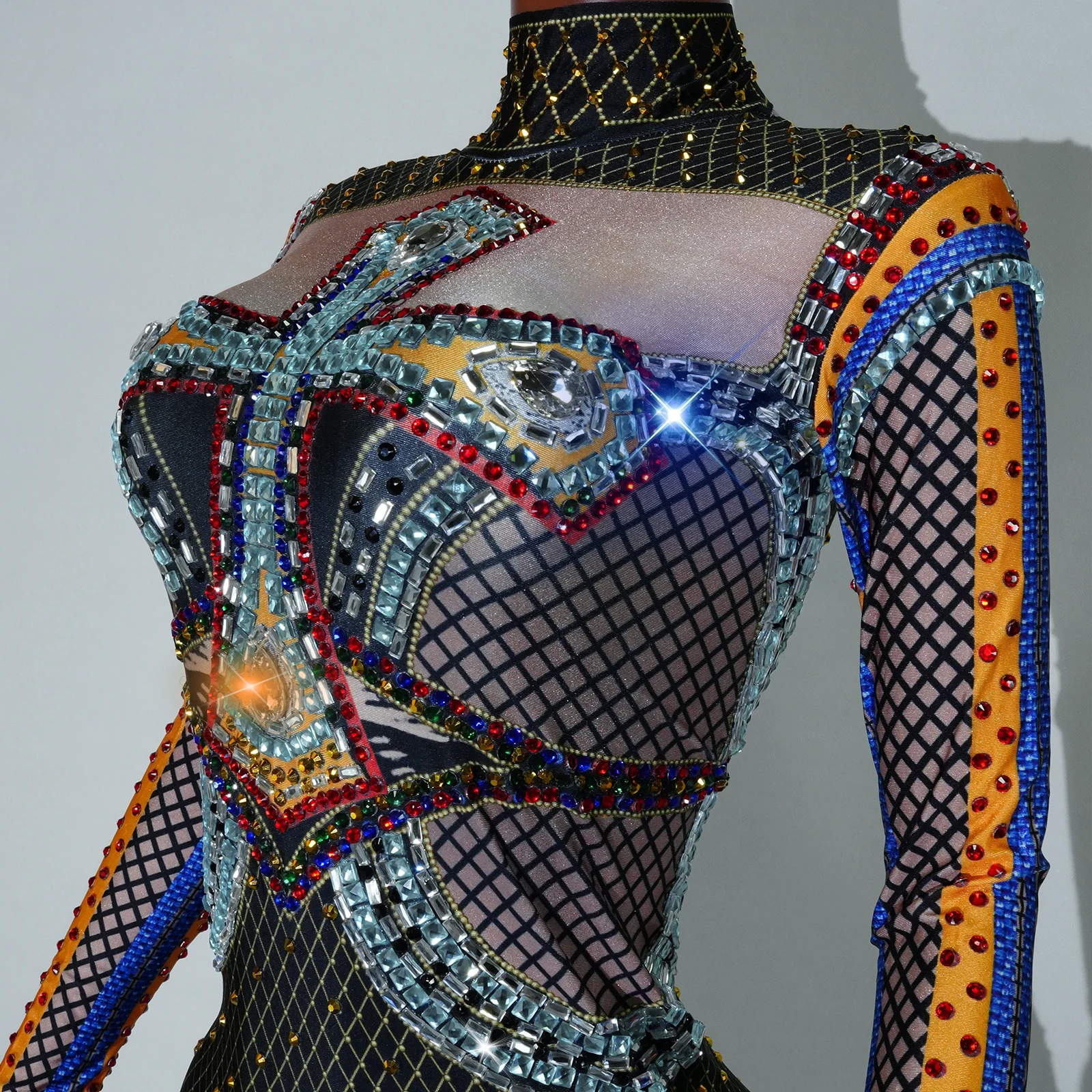 럭셔리 스파클 라인스톤 할로윈 롱 드레스 (테일 포함) 섹시 파티 클럽 DS 댄스 공연 드랙퀸 무대 페스티벌 의상