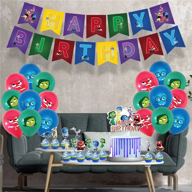 MINISO Inside Out theme children birthday party decoration layout pull flag banner cake flag balloon set festival DIY decoration