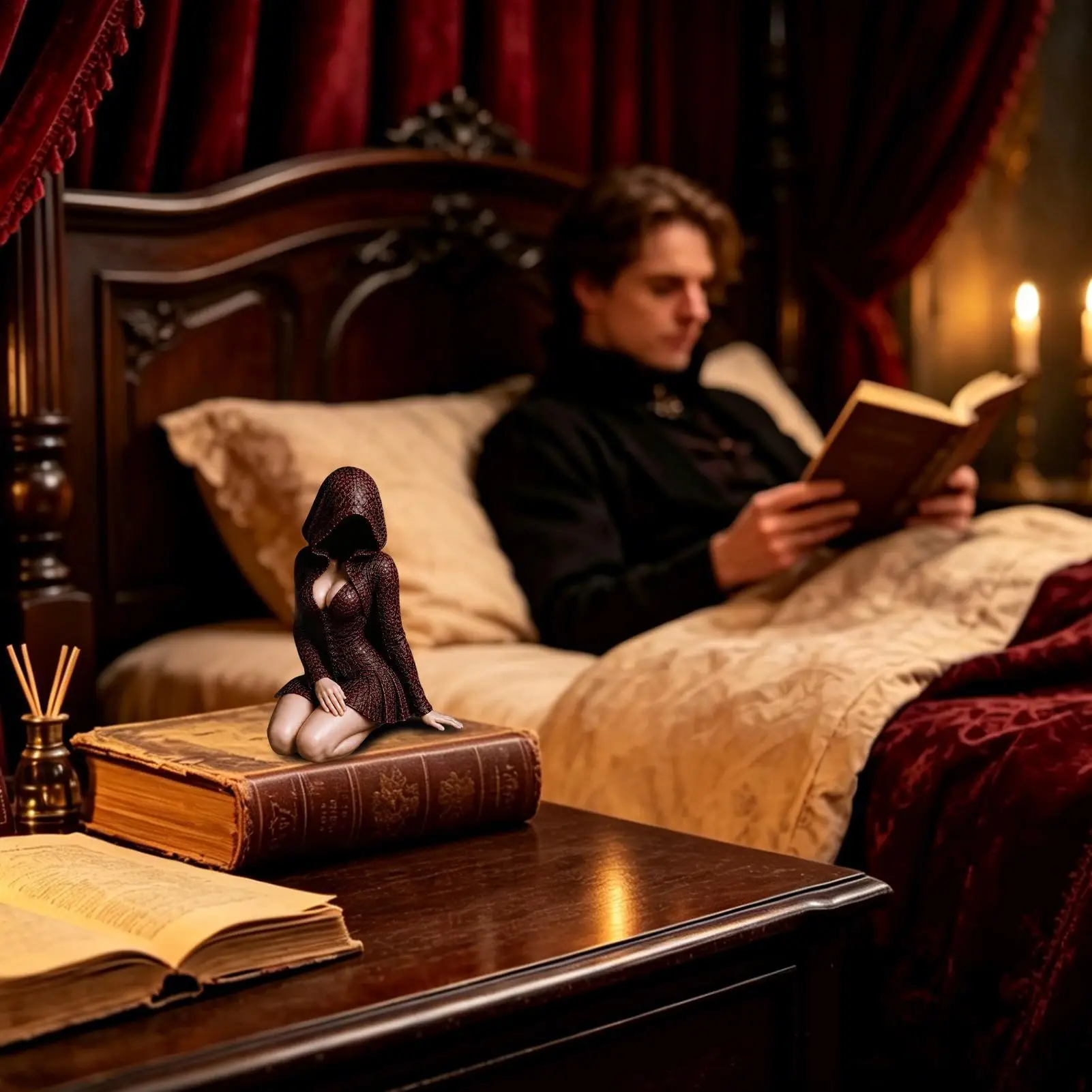 Gothic Dark Fantasy Figure Faceless Robe Lady Fantasy Figurine Hooded Book Reader Statue For Wine Cabinet Home Bar Living Room